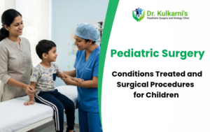 Create a premium, realistic healthcare blog image focused on Pediatric Surgery. Show an Indian pediatric surgeon in blue medical scrubs and a surgical cap gently examining a young child in a modern hospital consultation room, with a parent nearby providing reassurance. The doctor and child should be the main focus, clearly visible in the frame. Use natural lighting, realistic Indian facial features, a clean clinical background, soft blue and white tones, and professional medical editorial photography. The image should communicate trust, child safety, and specialized surgical care. Vertical portrait composition, 303 × 398 pixels. No text, no logo, no watermark, no banners, no CTA, no blood, and no graphic surgical scenes. Avoid artificial-looking faces, exaggerated expressions, and generic stock-photo styling.
